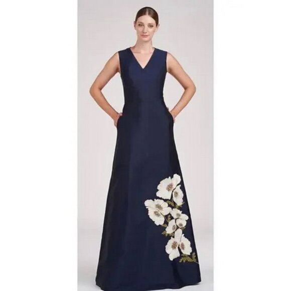 Kay Unger Dark Navy Blue Aurelia Floral Sleeveless Taffeta Gown - Picture 1 of 4